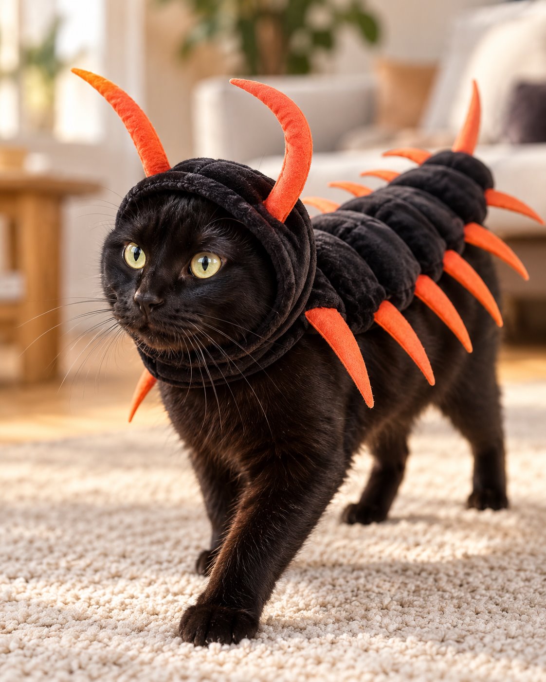 Gato negro con disfraz de ciempiés negro y naranja