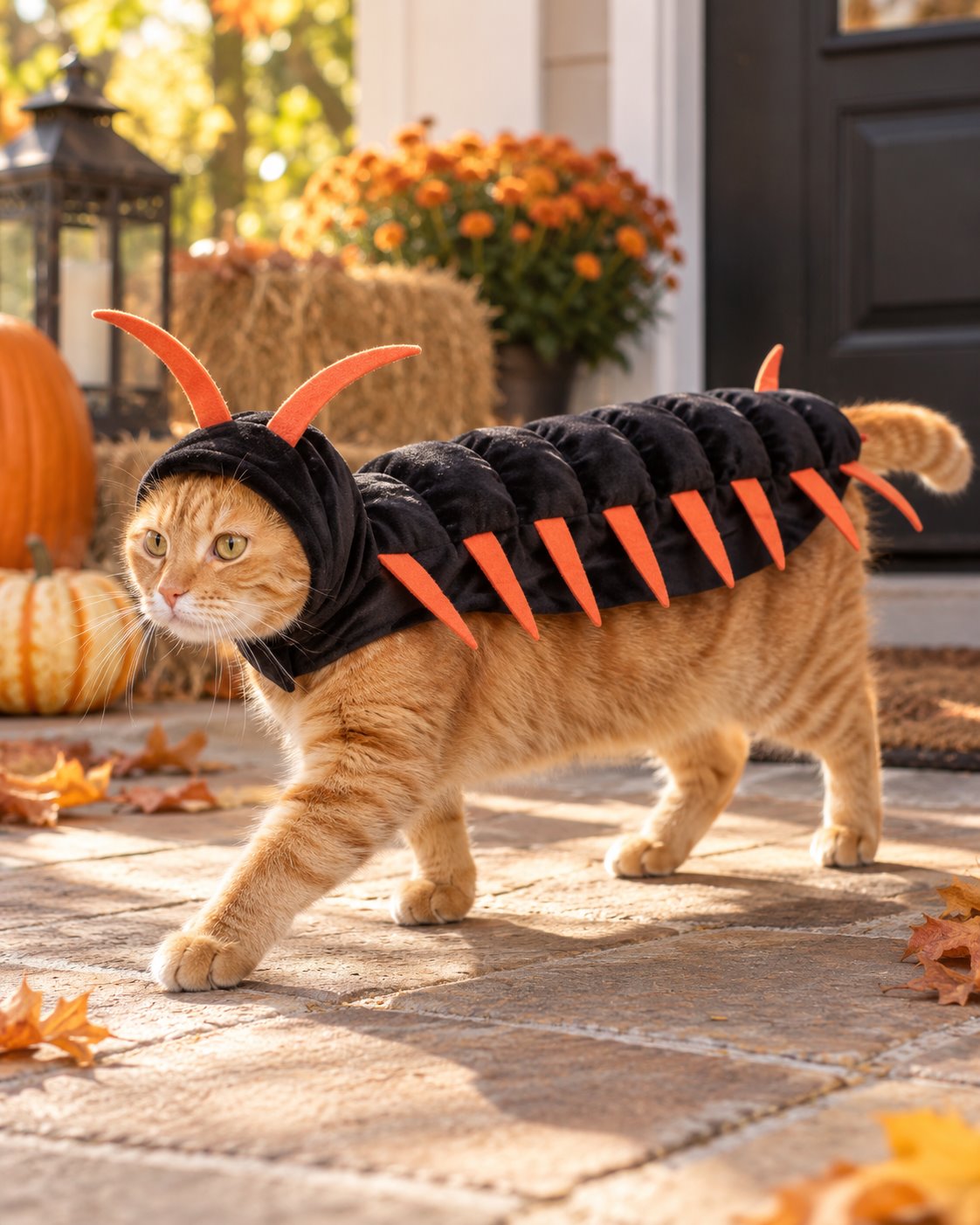 Gato naranja con disfraz de ciempiés en exterior