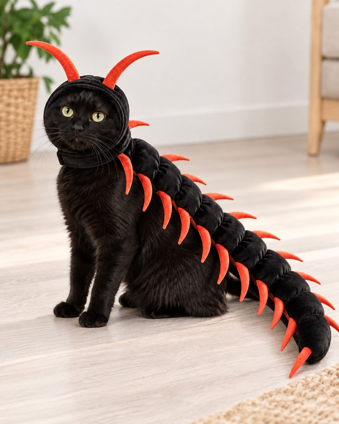 Gato negro sentado con disfraz de ciempiés