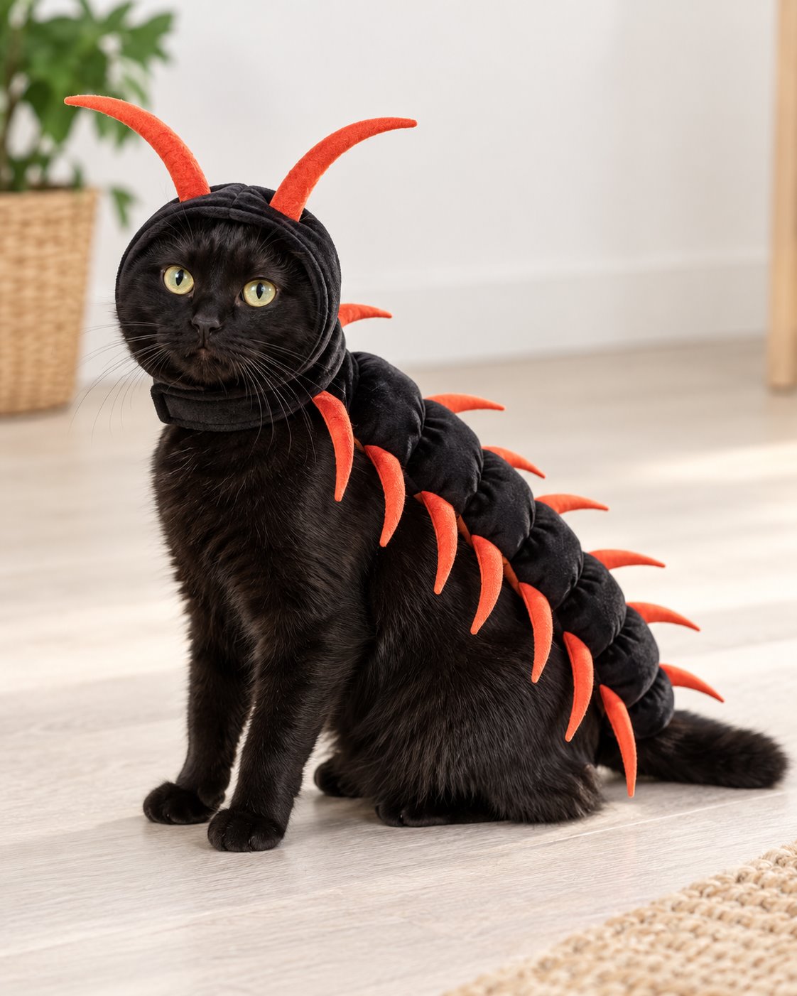 Gato negro sentado con disfraz de ciempiés
