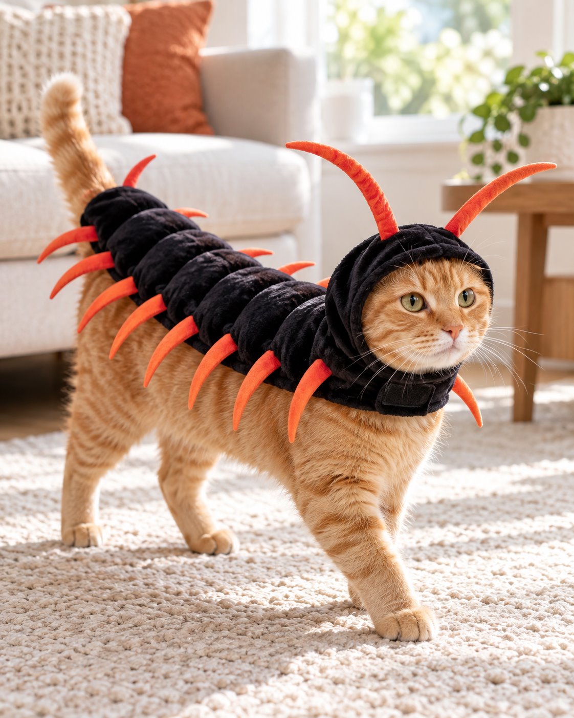 Gato naranja caminando con disfraz de ciempiés