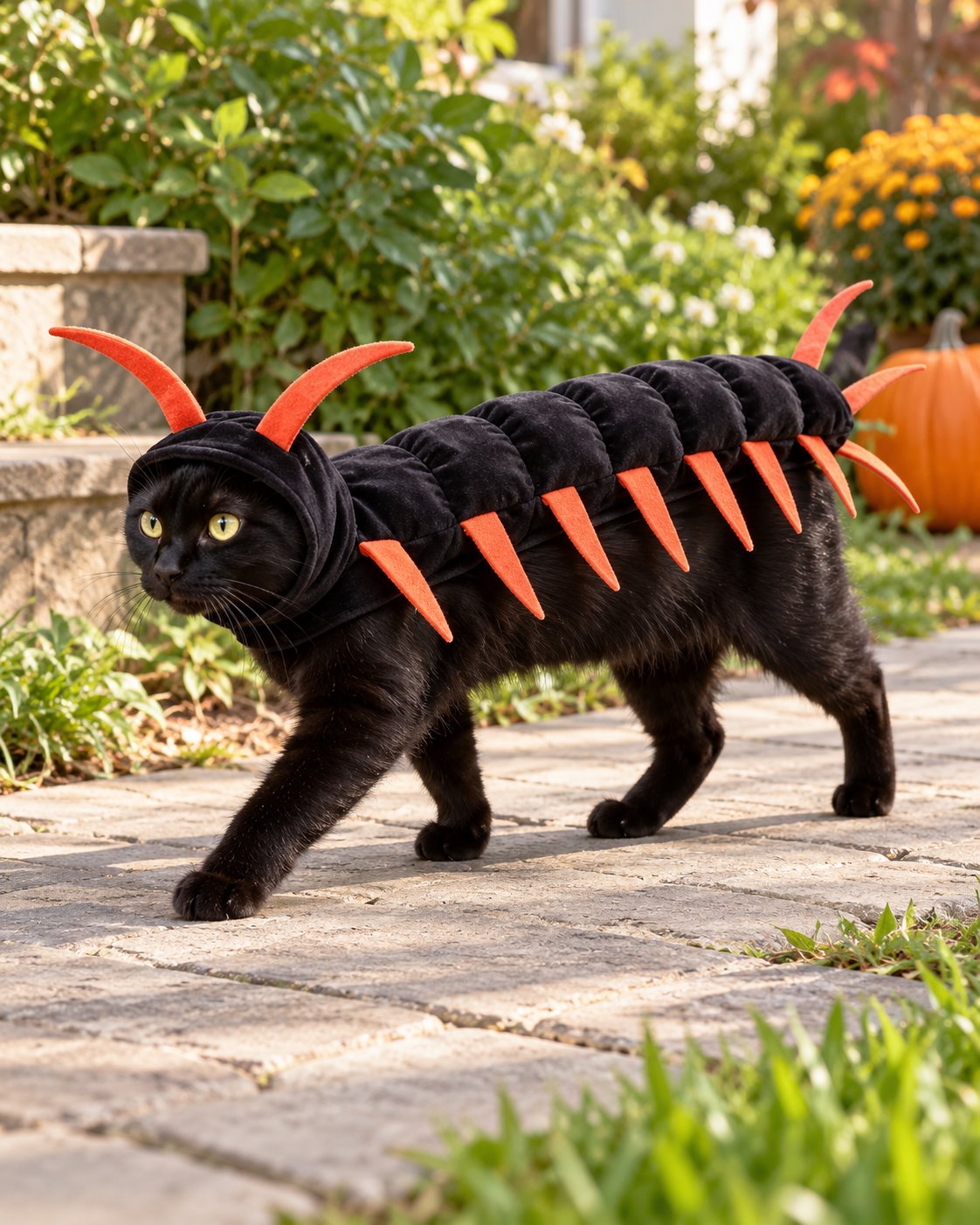 Gato negro caminando con disfraz de ciempiés en jardín